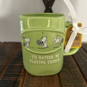 Rae Dunn Peanuts Snoopy I’D RATHER BE PLAYING TENNIS Mug Green NEW